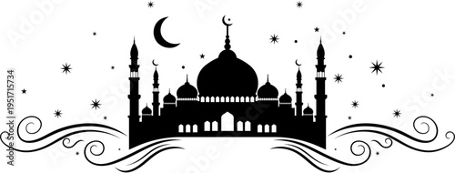 Elegant Islamic Mosque Silhouette Under the Crescent Moon,Ramadan Night with Majestic Mosque and Starry Sky
