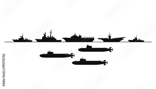 Silhouette of submarine wolfpack and escort fleet warships on calm sea surface