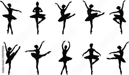Elegant silhouettes of ballet dancers in classical poses wearing tutus showcasing grace, artistry, discipline, and timeless dance beauty