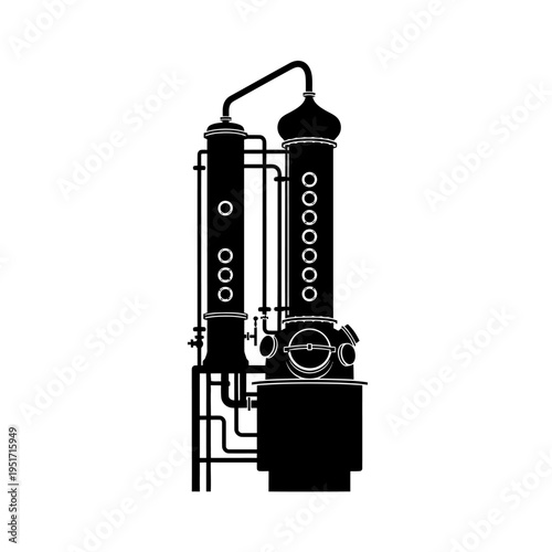 Silhouette of an Industrial Column Still for Alcohol Distillation, Representing Spirits Production and Modern Distillery Engineering.