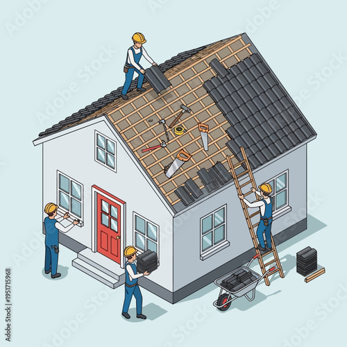 Illustration depicting construction workers repairing a house roof, showcasing renovation and building.