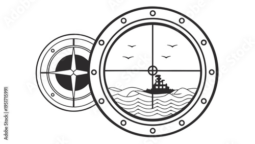 Submarine periscope view of a vessel at sea through a porthole with crosshairs and open hatch on white background