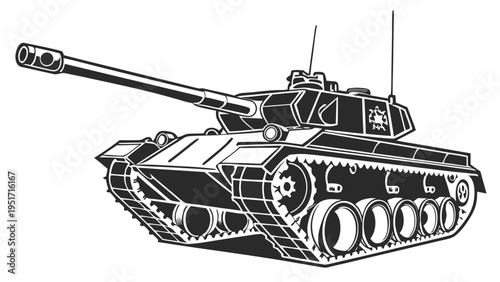 Modern tank silhouette illustration with long gun barrel and tracks black and white vector graphic