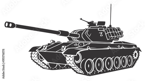 Modern tank silhouette illustration with long gun barrel and treads on white background for military and defense concepts