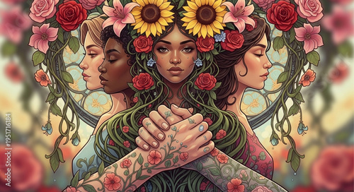 Diverse women united with flowers and sunflowers headwear.