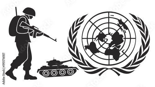 Peacekeeping soldier with rifle and tank beside united nations logo symbolizing global security and international cooperation efforts