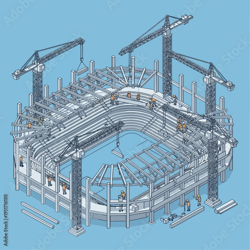 Isometric illustration of a stadium under construction, showcasing cranes and workers.