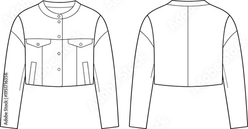 Women cropped jacket template with front and back views for modern fashion apparel design mockup, cad drawing flat vector illustration