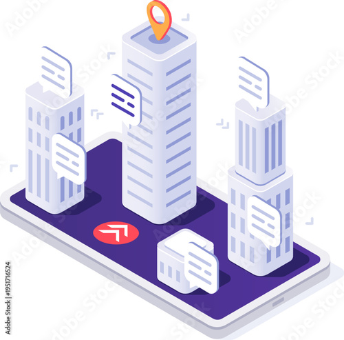City buildings on smartphone screen using location communication app