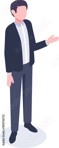 Business man presenting pointing hand isometric illustration