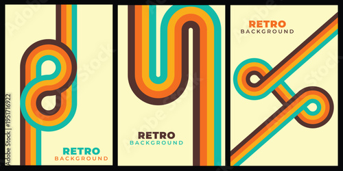 Abstract retro backgrounds with stylized lines forming loops and s-shapes in teal, orange, and brown on creamy beige, S Shape, Graphic Design, Digital Art, Abstract Background