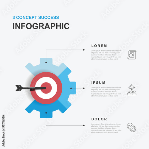 Design target work with cog concept. 3 step to success infographic template vector element. 
