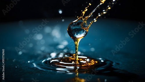 Close-up shot of liquid splashing and dripping into a pool of water, creating ripples, macro photography