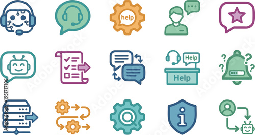 Customer Support and AI Chatbot Vector Icon Set for Technical Help Desk
