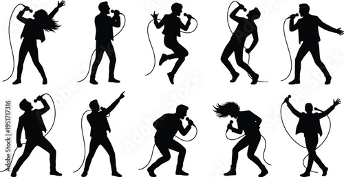 Energetic silhouettes of singers performing live on stage with microphones, expressing passion, movement, and dynamic musical performanceEnergetic silhouettes of singers performing live 