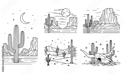 Skate Punk Desert Western Line Art Clipart Vector Illustration Bundle
