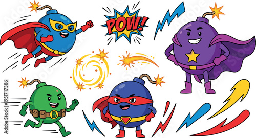 Superhero Bomb Cartoon Characters Set with Comic Action Poses, Explosions and Power Effects