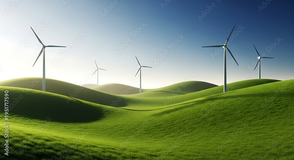 Fototapeta premium Wind turbines on rolling green hills with clear blue sky