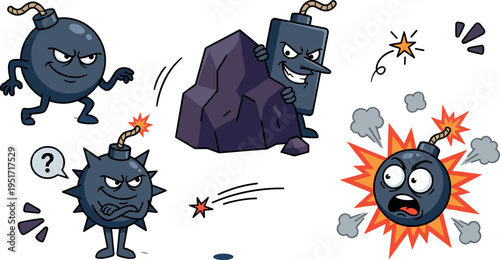 Cartoon Bomb Characters Action Set with Explosions, Angry Mascots and Comic Style Blast Effects