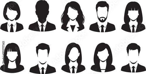 People Group Icons in Black and White, Varied Hairstyles and Attire