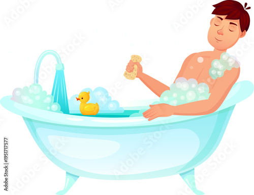 Man enjoying a relaxing bubble bath with rubber duck