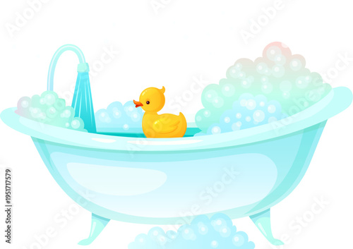 Rubber duck floating in bubble bath water