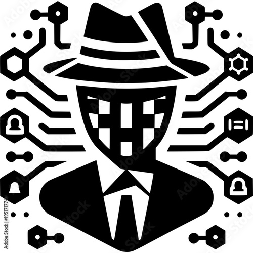 Digital Cipher: Depicts a mysterious figure with a pixelated face, symbolizing the intricate nature of digital espionage and data encryption.