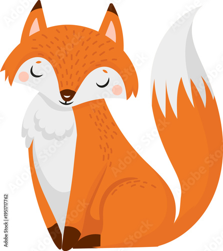 Cute orange fox sitting with closed eyes and smiling