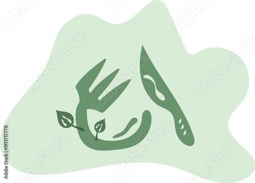 Green Fork with Leaves and Kitchen Knife .Healthy Diet Logo Vector Illustration.