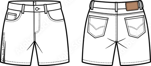 Women denim shorts technical fashion flat with front pockets back pockets waistband belt loops and stitching detail apparel design vector illustration