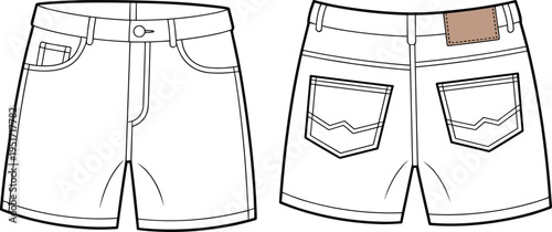 Women denim shorts technical fashion flat with front coin pocket back pockets waistband belt loops stitching detail apparel design vector illustration