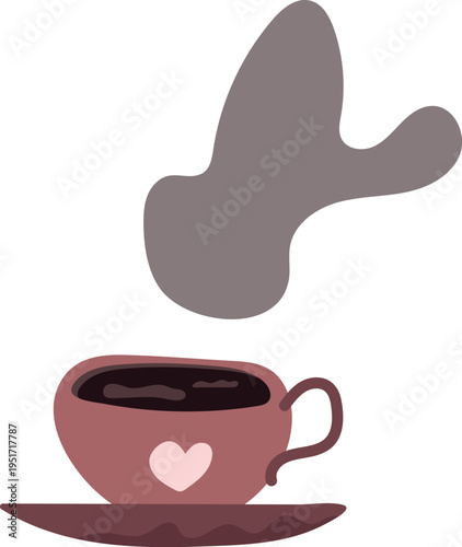 Cup of Aromatic Coffee with Heart Pattern and Steam on Saucer Isolated on White.