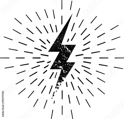 Grungy lightning bolt energy symbol radiating lines