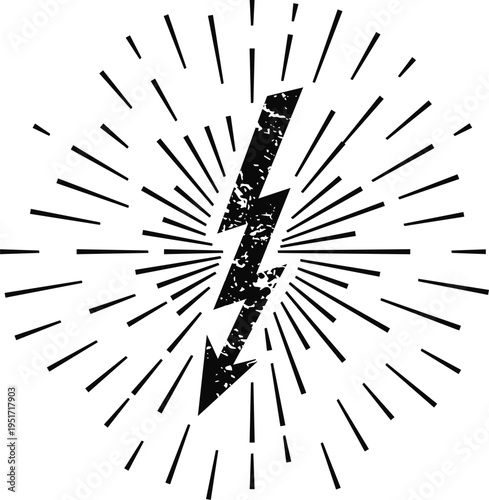 Distressed lightning bolt icon with radiating lines