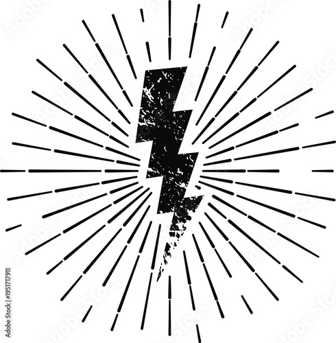 Distressed lightning bolt icon radiating power and energy