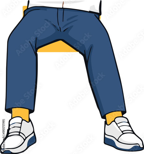 A flat vector illustration of a person’s lower body wearing blue pants, yellow socks, and white sneakers in a casual standing pose.