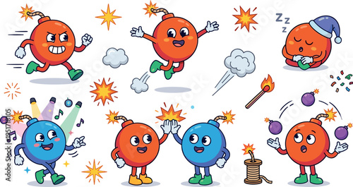 Cute Cartoon Bomb Characters Collection with Funny Explosions, Sparks and Comic Action Scenes