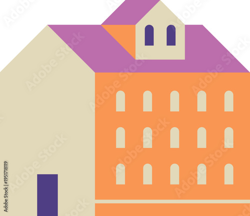 Building illustration with diverse architectural elements and windows