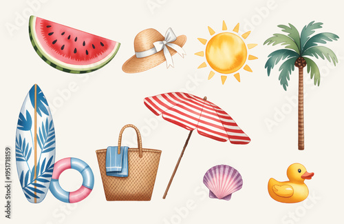 Playful summer beach accessories in vintage inspired watercolor illustration.