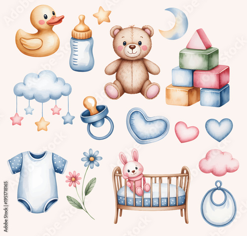 Cute baby essentials and toys set in gentle handcrafted watercolor composition.