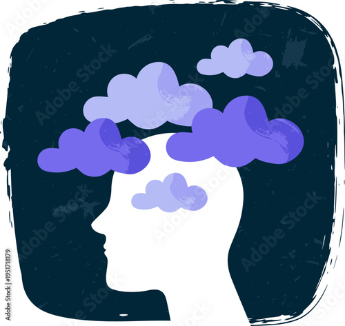 Human head profile having negative thoughts and problems