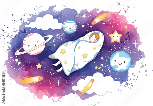 A silhouette of a child sleeping in space with celestial friends