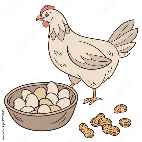 Colorful cartoon of a chicken with a bowl of peanuts