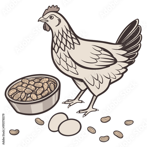 Chicken standing next to bowl of feed and eggs