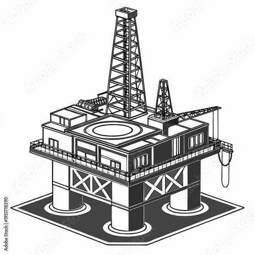 Offshore oil rig platform with derrick drilling