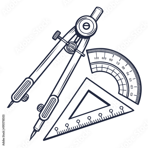 Drafting tools with compass, protractor, and triangle ruler