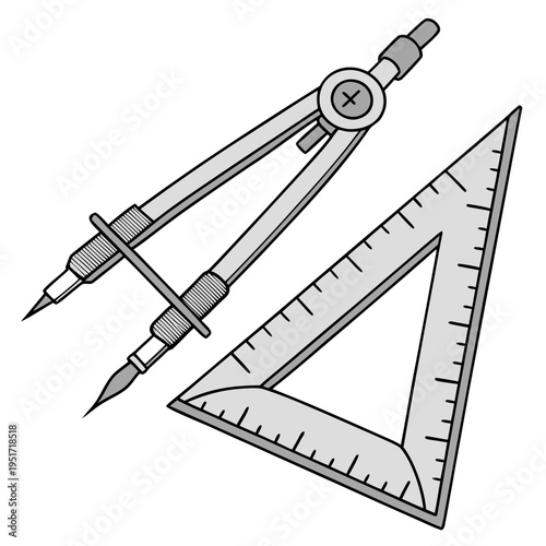 Black and gray drafting tools with compass and ruler