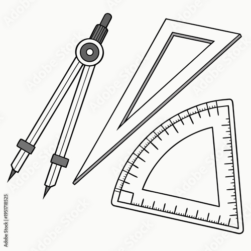 Black and white drafting tools with compass and rulers