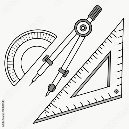 Drafting tools with compass, protractor, and triangle ruler