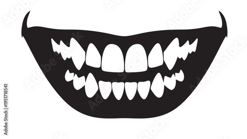Mouth with sharp teeth and fangs on a white background, graphic design element symbolizing a grin or a scare.